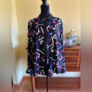 DKNY, Size Large, Color-Pink, White, Blue, Black, Blouse, Buttons are Hidden.